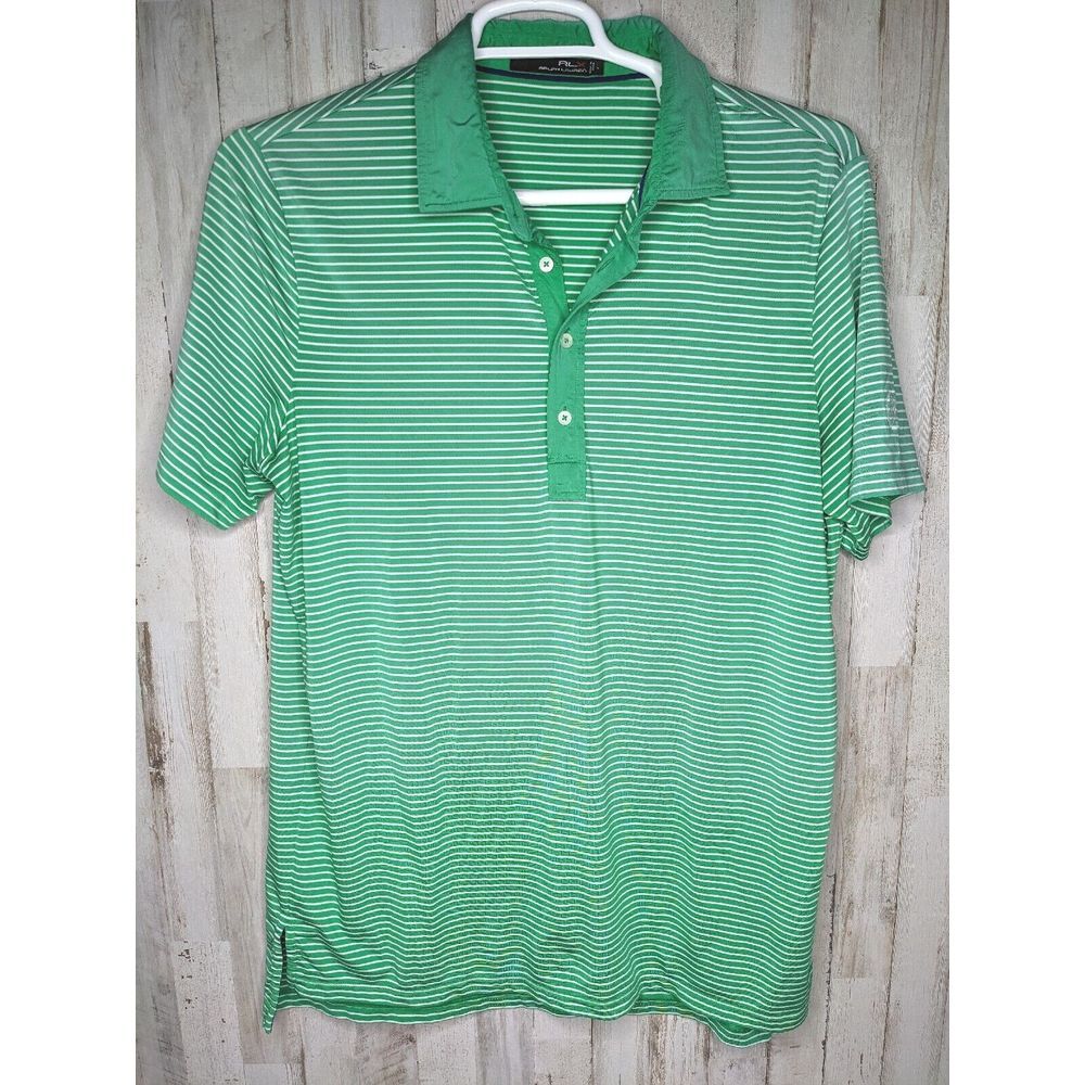 Ralph Lauren RLX Polo Shirt Mens‎ Large Green Striped Short Sleeve Logo Golf
